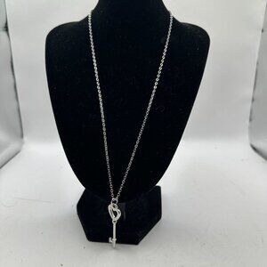 Heart Key Pendant Necklace With Rhinestones & Lobster Clasp On Silver-Tone Chain